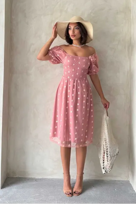 Topshow Pudra Kayık Yaka Göğüs Gipeli Toptan Elbise