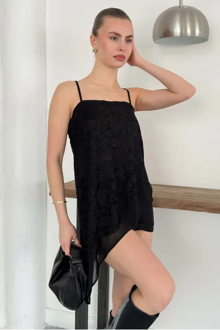D 2935 Asymmetric Lace Strappy Blouse - Black