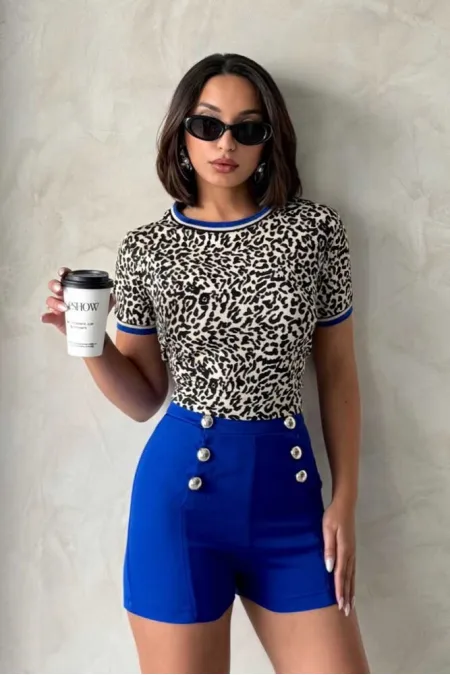 T-shirt à col rond Léopard Saxe | Topshow