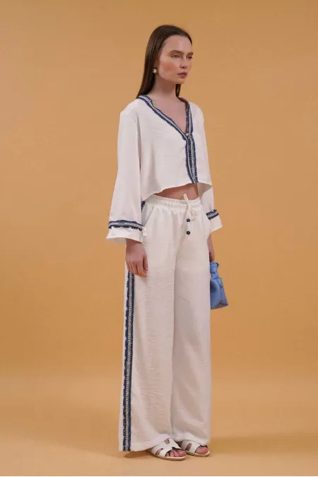 Denim Striped Wholesale Trousers - Cream | Topshow | F1890