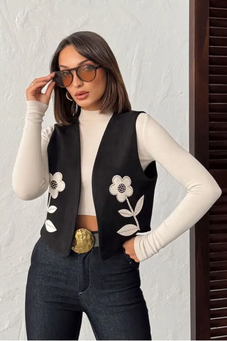 Gilet en daim scuba à applications Topshow - Noir | F2025