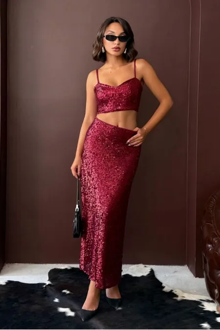 Jupe longue à sequins bordeaux Topshow - Taille haute, élégante robe de soirée