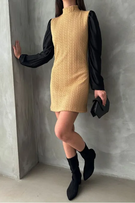 Leather Sleeve Turtleneck Knee-Length Wholesale Dress - Camel | TOPSHOW | F1143