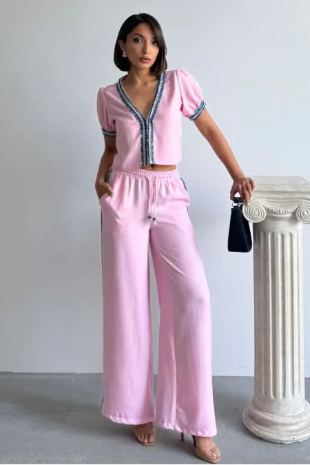 Kot Şeritli Toptan Pantolon   Pembe | Topshow | F1890