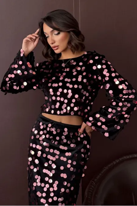Topshow - Wholesale Sequined Velvet Blouse - Black Pink