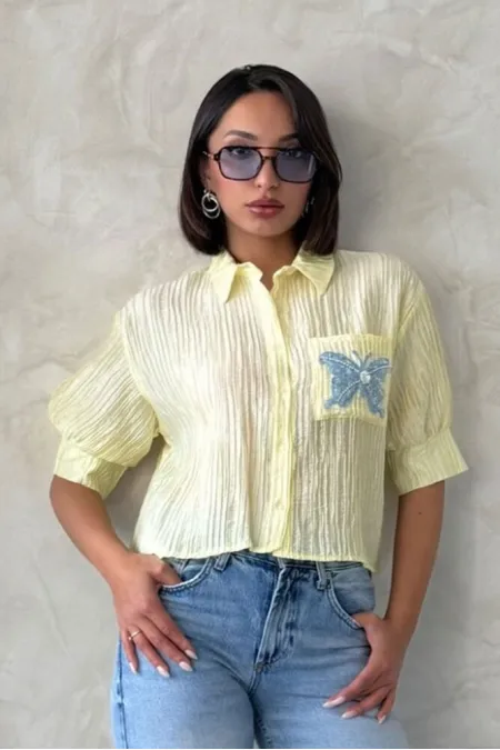Chemise jaune plissée à motif papillon (vente en gros) | Topshow