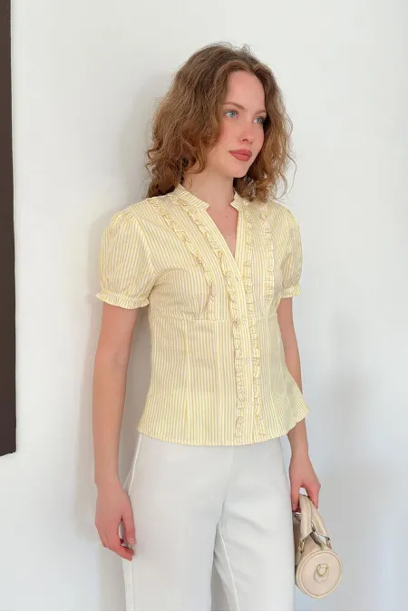 D 3021 STRIPED RUFFLED SHIRT - YELLOW D 3021 STRIPED RUFFLED SHIRT - YELLOW