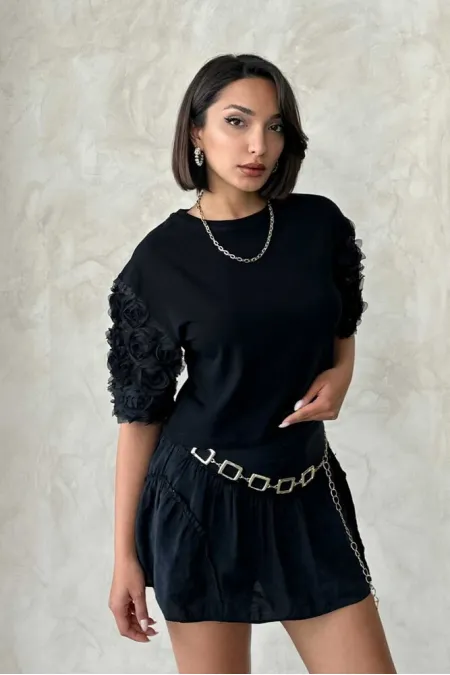 Sleeve Detailed T-Shirt - Black Topshow