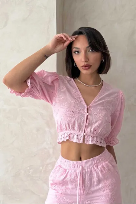 Embroidered Blouse with Scallop Detail - Pink | Topshow