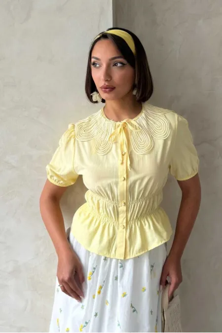 Gathered Shirt with Collar Detail - Yellow | Topshow