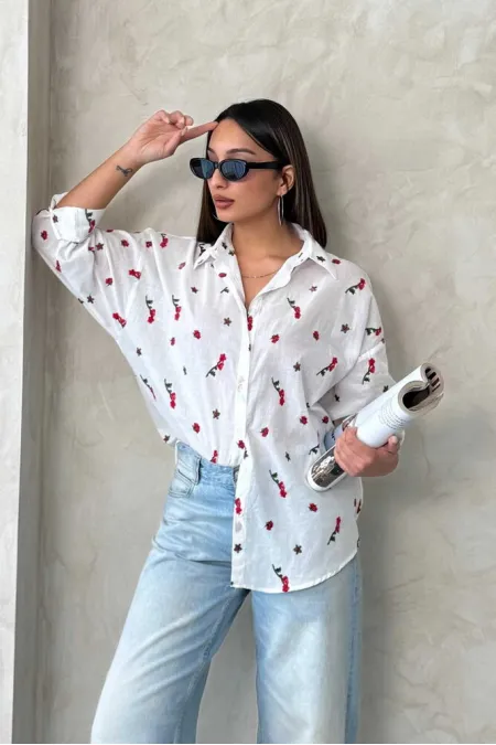 Chemise en voile brodée rouge en gros | Topshow | F1911