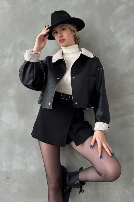 Manteau noir à col en fourrure nubuck (vente en gros) | TOPSHOW | F1577