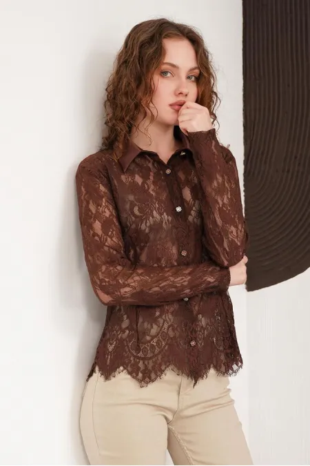 Wholesale Lace Shirts - Coffee | F2073 - Topshow
