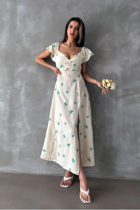 Topshow Emerald Pattern Ruffle Sleeve Tied Wholesale Dress