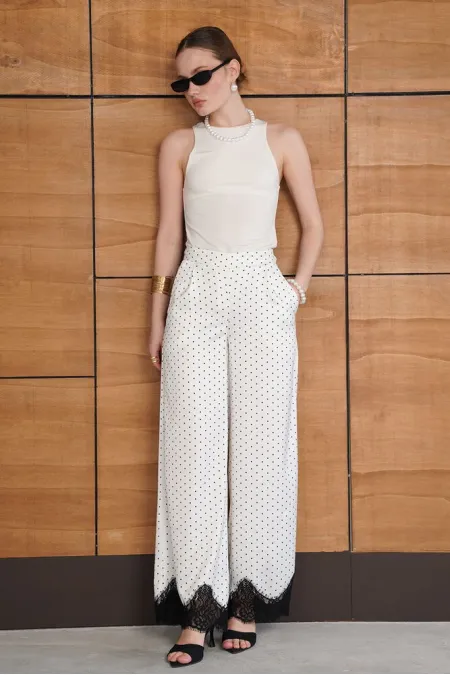 Polka Dot Satin Trousers with Lace Hem - Cream | D2970 - Topshow