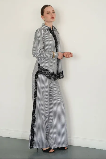 Lace Detail Striped Wholesale Trousers - Black | F2083 - Topshow