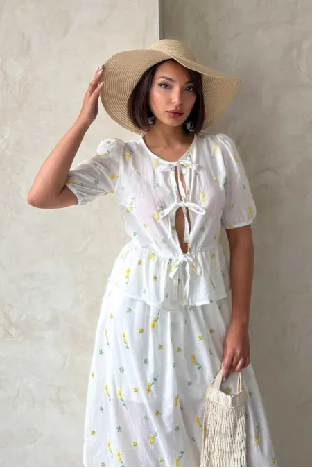 Embroidered Voile Blouse with Front Tie - Yellow | Topshow