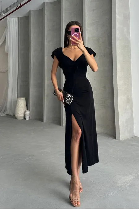 Topshow Black Plain Viscose Wholesale Dress