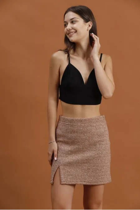 Kaşe Mini Toptan Etek - Kahve | TOPSHOW | F1352