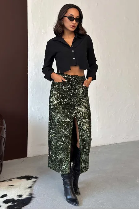 F 2053 SEQUINED VELVET LONG SKIRT - KHAKI