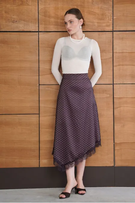 Jupe en satin à pois et détails en dentelle - Marron | F2077 - Topshow