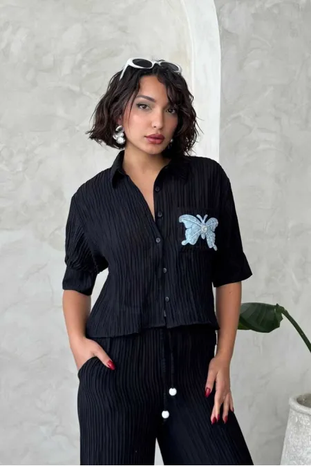 Chemise plissée à motif papillon en gros - Noire | Topshow