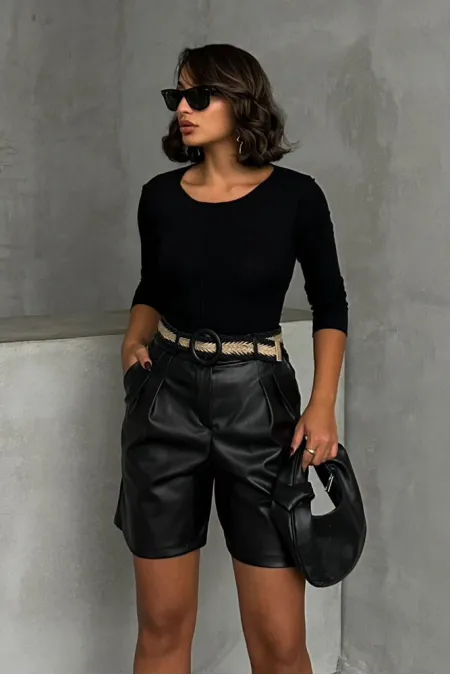 Kemerli Deri Toptan Şort - Siyah | TOPSHOW | F1497