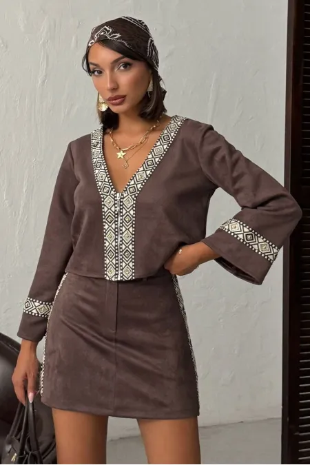 Veste zippée en daim scuba à rayures Topshow - Marron | F1971