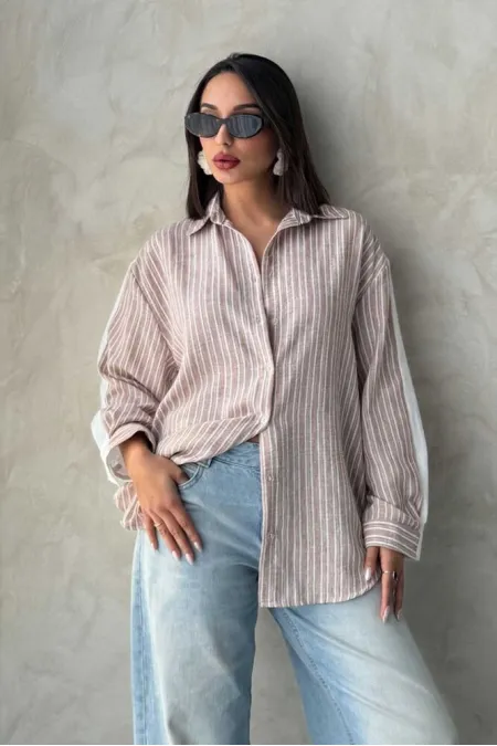 Chemise rayée en lin - Marron | Topshow | F1917