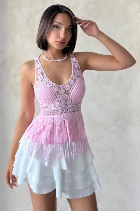 Güpür Detaylı Askılı Toptan Bluz   Pembe | Topshow