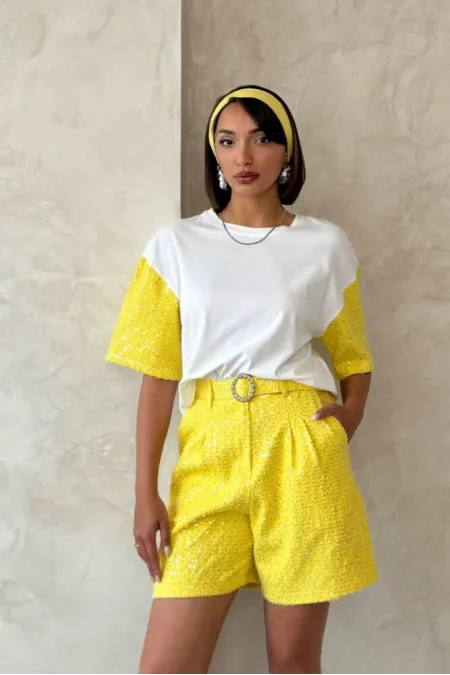 Kol Detaylı Toptan Şort - Sarı | Topshow