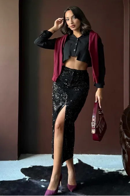 F 2053 SEQUINED VELVET LONG SKIRT - BLACK BLACK