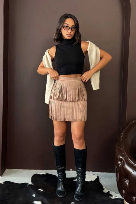 Topshow Tasseled Scuba Suede Wholesale Skirt - Mink | F2030