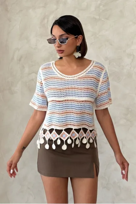 Topshow Orange Mesh Bottom Pompom Wholesale Blouse