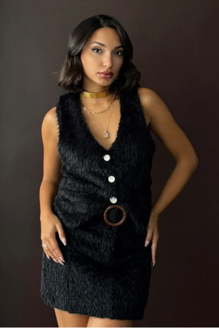 Topshow - Toptan Vintage Tarz Siyah Tüylü Kadın Yelek