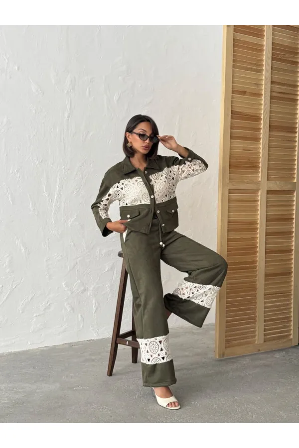 Veste-chemise femme en daim kaki avec détails en dentelle | Topshow | F1957