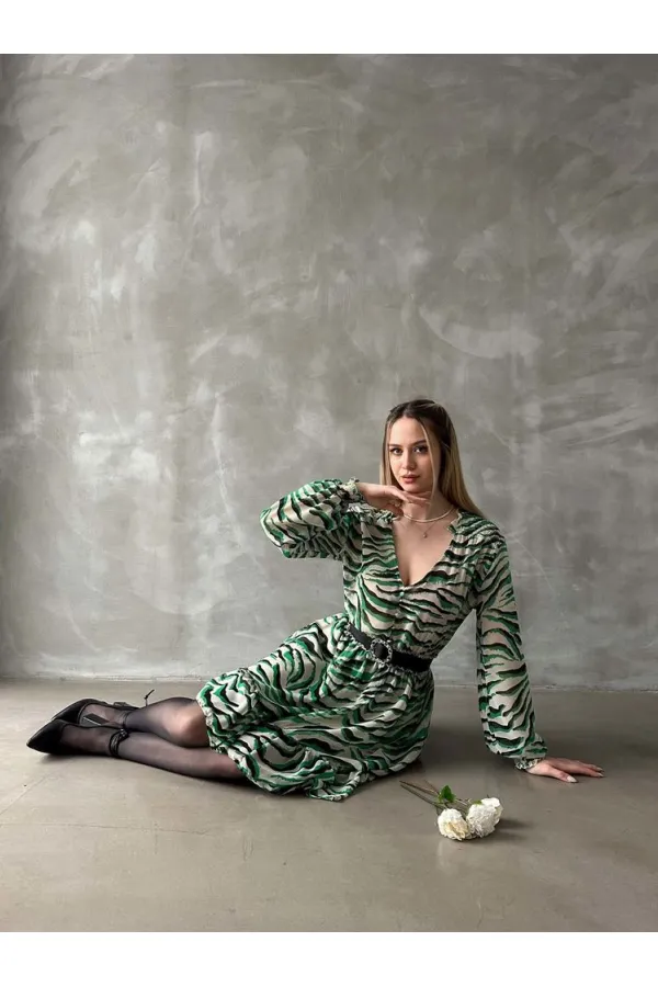 Leopar Çizgili Toptan Elbise - Zümrüt | TOPSHOW | F1591