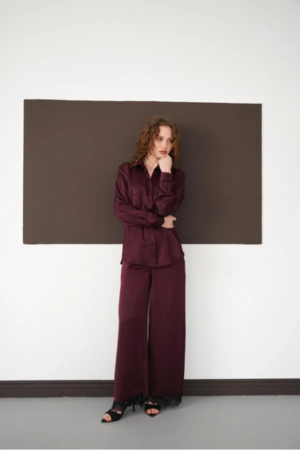 Pleated Hem Lace Wholesale Trousers - Plum | F2102 - Topshow