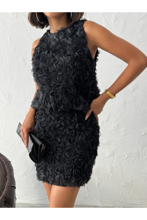 Topshow Siyah Gül Desenli Tül Toptan Etek