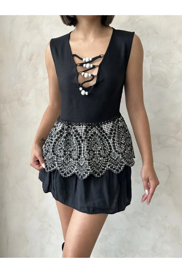 Nakışlı Kolsuz Toptan Bluz - Siyah Siyah | Topshow