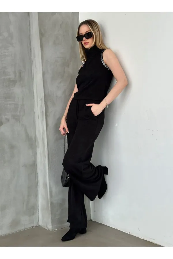 Pantalons en maille en gros - Noir | TOPSHOW | f1486