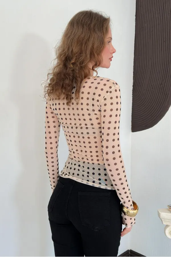 F 2107 POLKA DOT PRINTED TULLE T-SHIRT - BEIGE BROWN F 2107 POLKA DOT PRINTED TULLE T-SHIRT - BEIGE BROWN