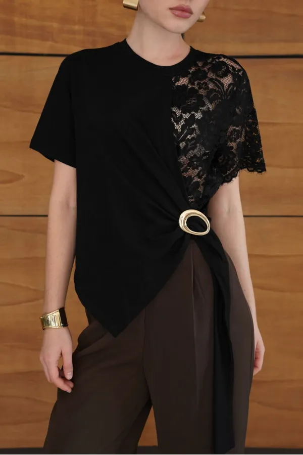 Blouse brodée à la taille en gros - Noire | D2966 - Topshow