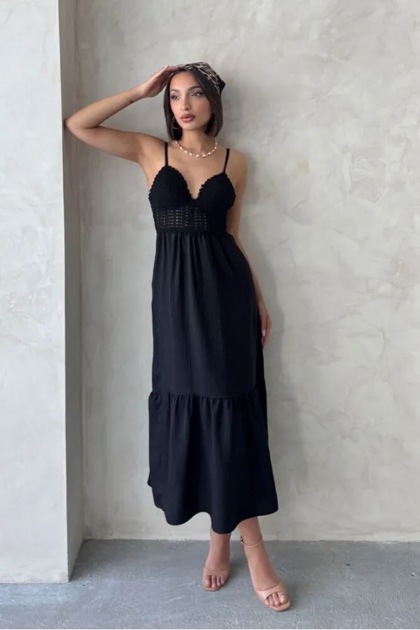 Robe longue Topshow en lin noir à bretelles et col en V, vente en gros