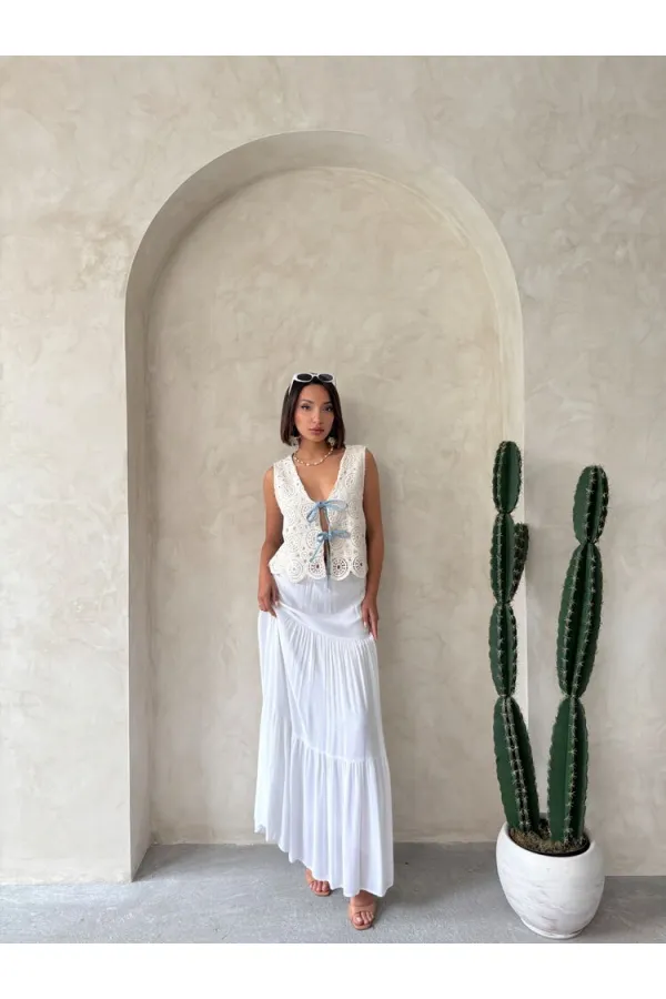 Kot Detaylı Önden Baglamalı Dantel Toptan Yelek   Ham Mavi | Topshow