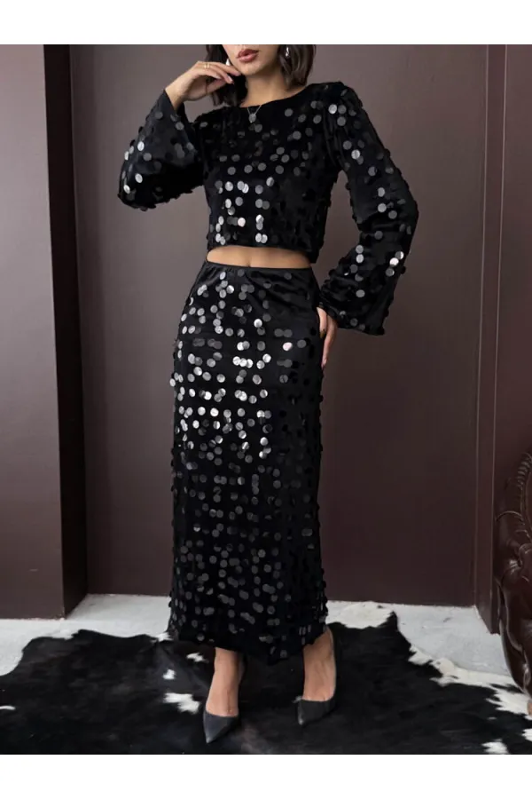 Topshow - Toptan Pullu Kadife Etek - Siyah Siyah