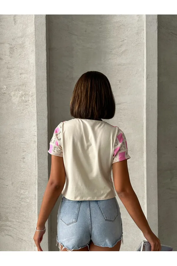 Topshow Raw Pink Short Sleeve Checkerboard Pattern Crochet Wholesale Blouse