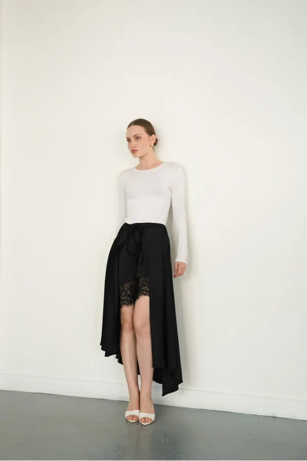 Dantel Detaylı Saten Toptan Etek - Siyah | D2976 - Topshow