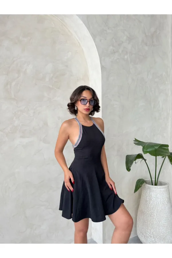 Şeritli Kolsuz Elbise - Siyah | Topshow