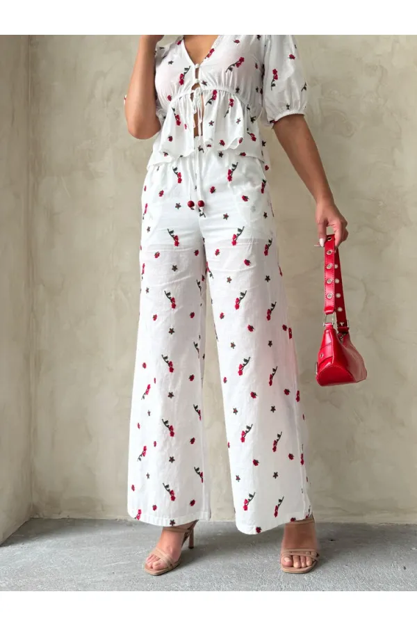 Nakışlı Vual Pantolon - Kırmızı | Topshow